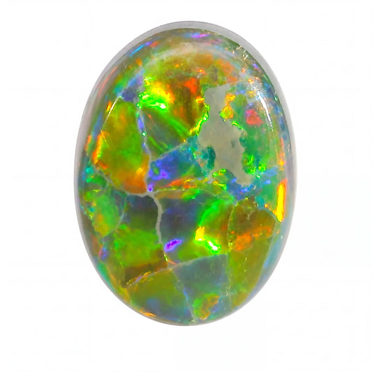 Multicoloured opal stone on a white background