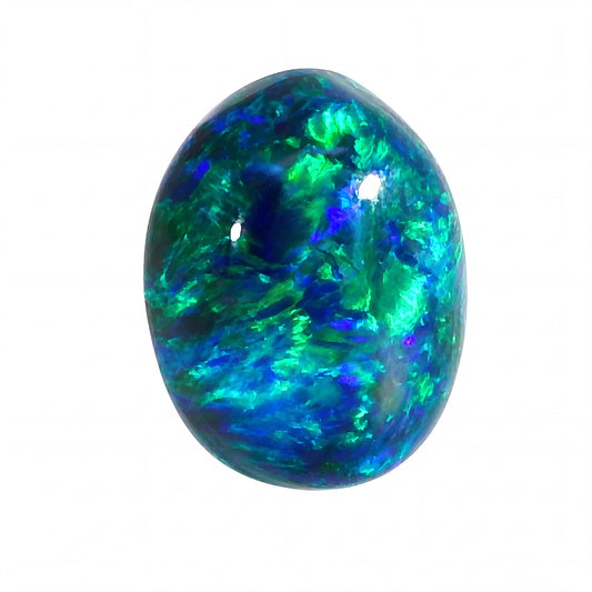 Oval-shaped opal stone with green and blue colours on a white background