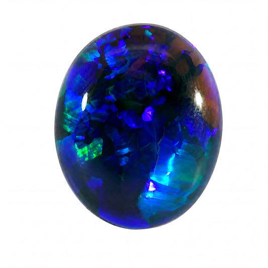 Oval-shaped gemstone with multicoloured inclusions on a white background