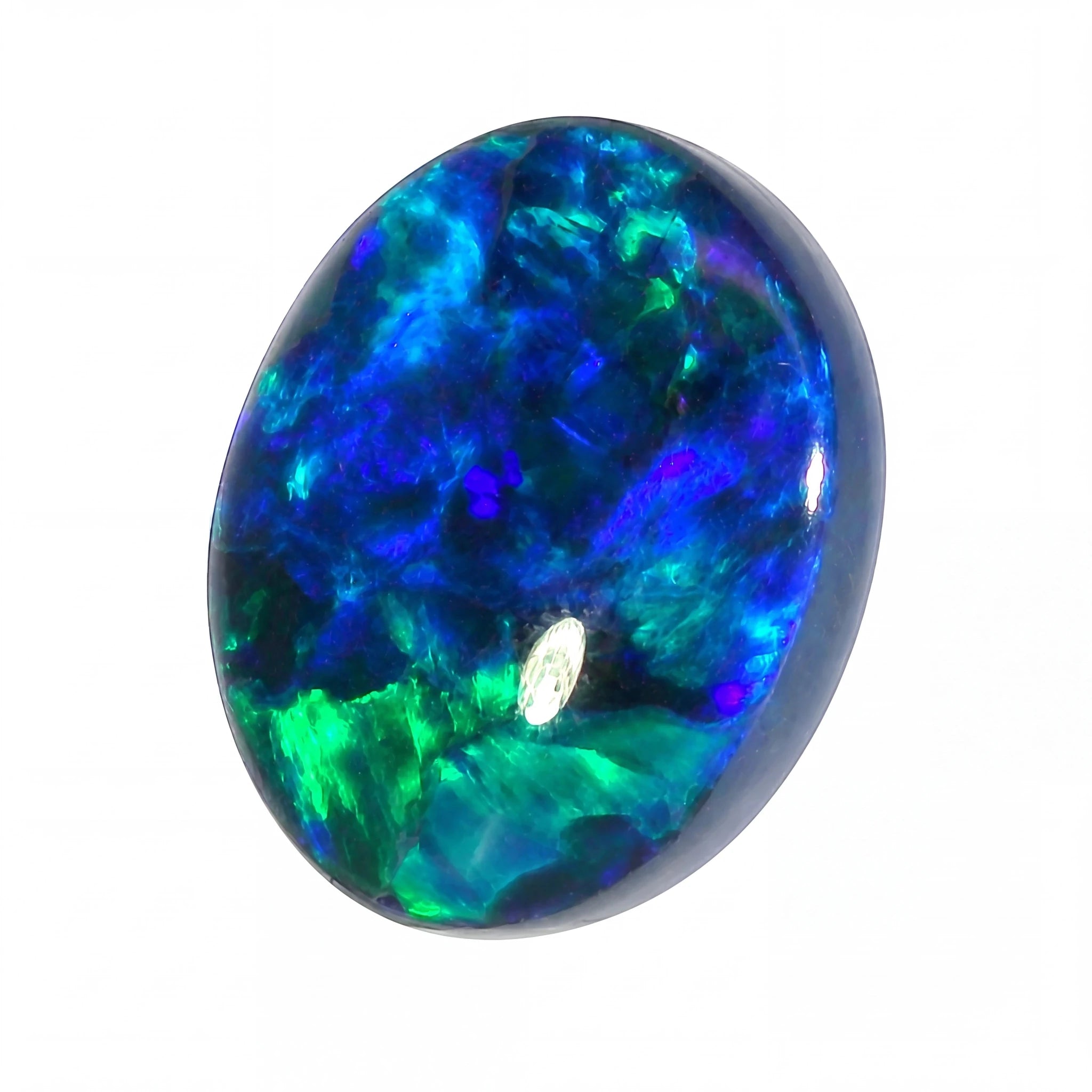 Oval-shaped opal gemstone with blue and green colours on a white background