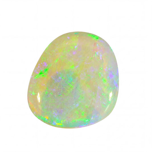 Opal stone with multicoloured play of light on a white background