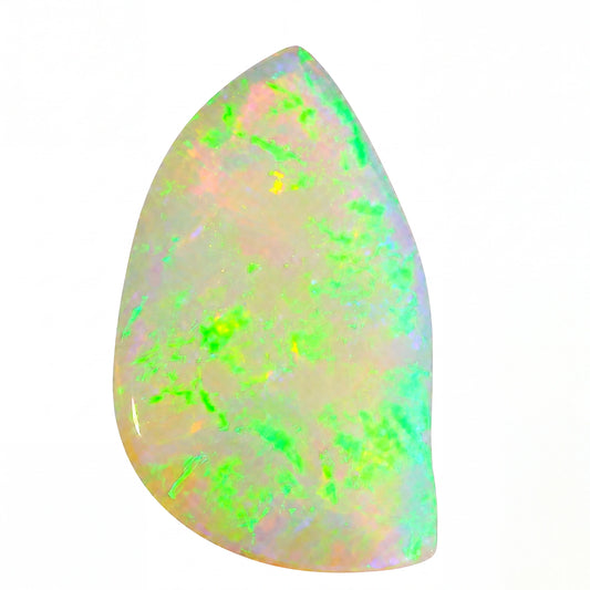 Teardrop-shaped opal stone with green and white colours on a white background