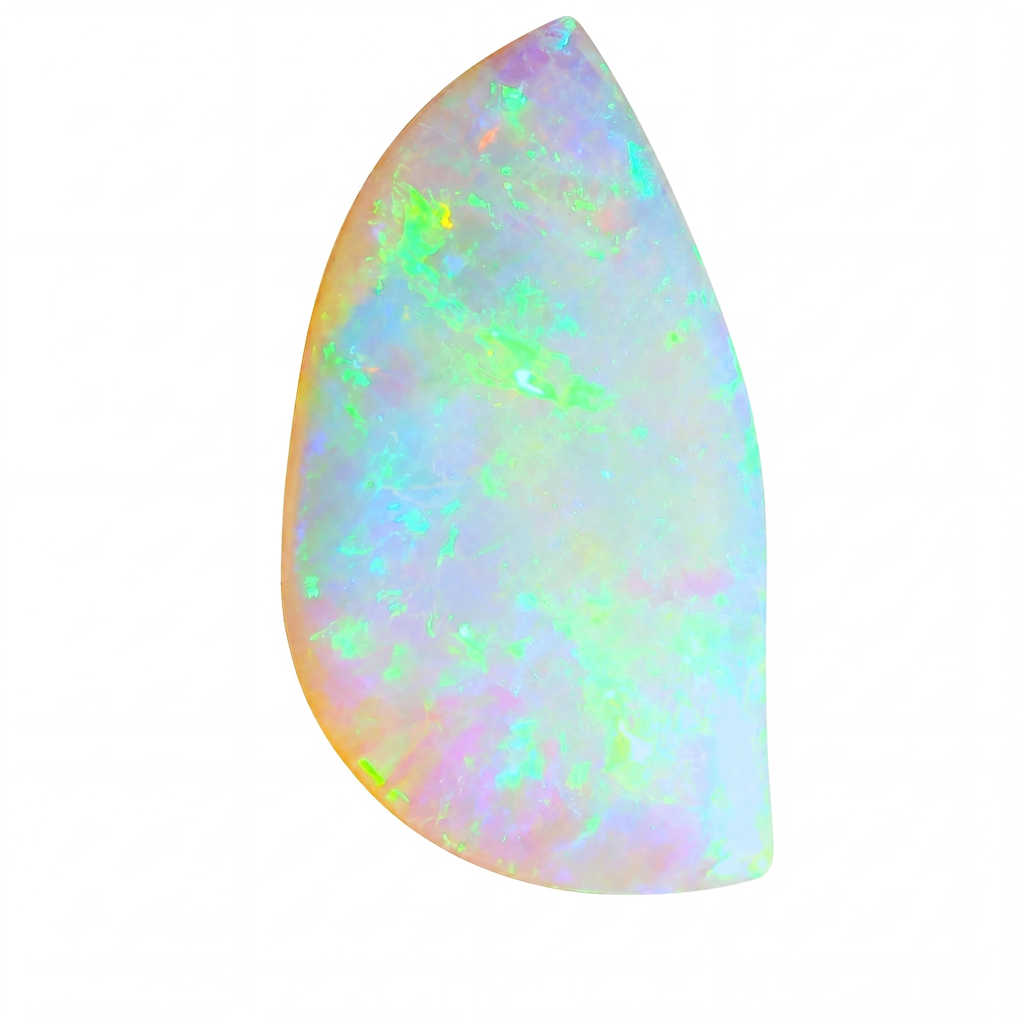 Teardrop-shaped opal gemstone with multicolour fluorescence on a white background