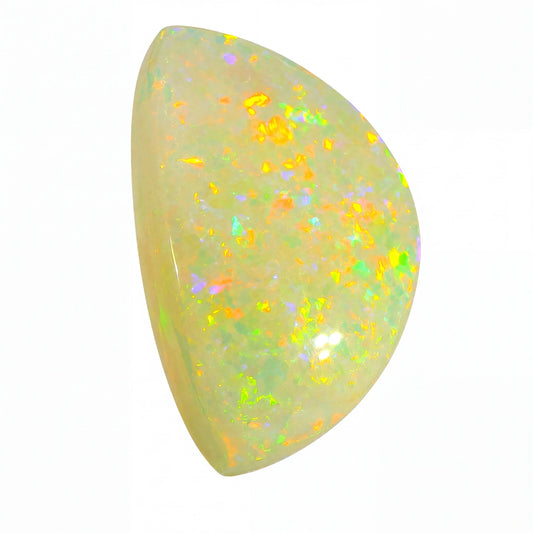 Opal stone with colourful speckles on a white background