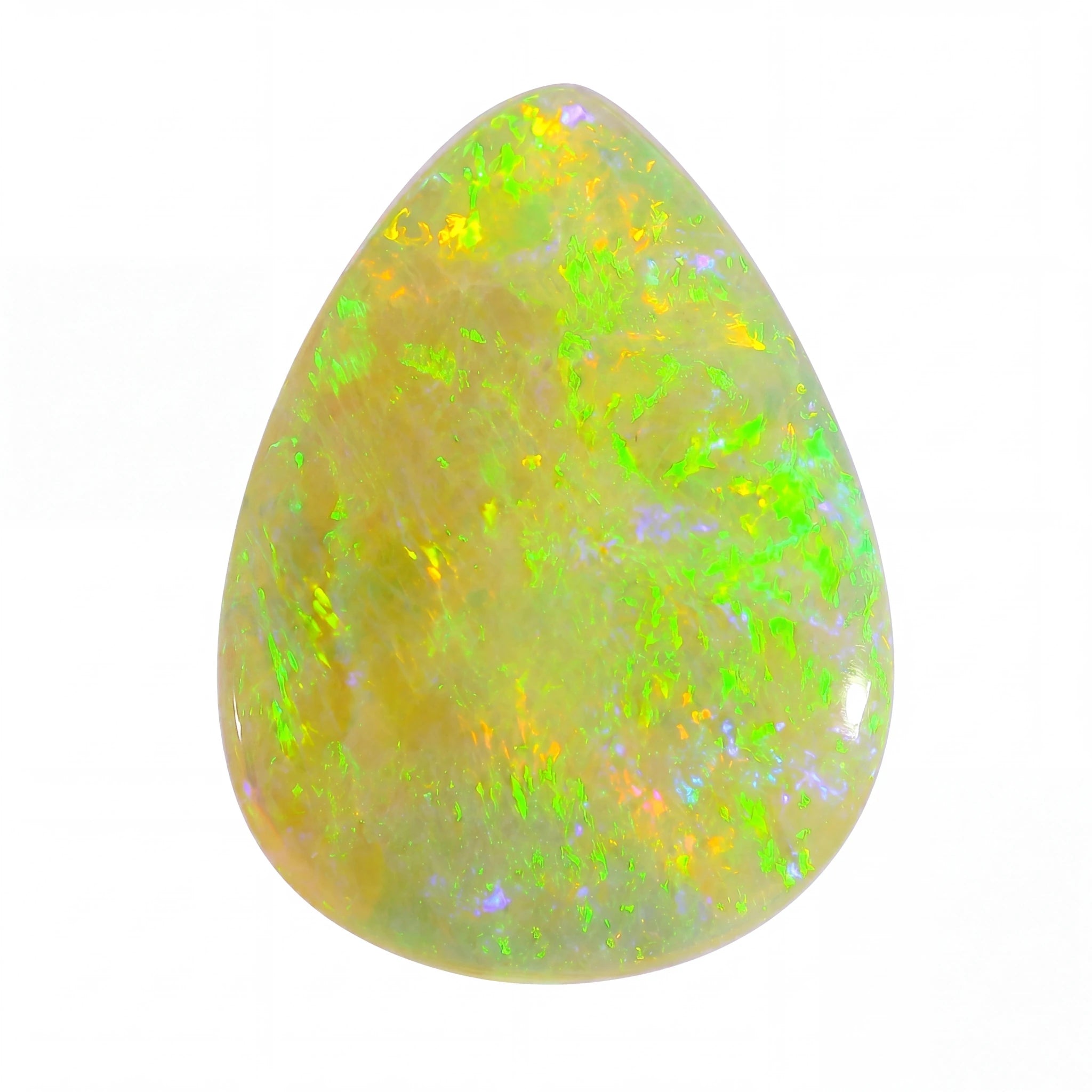 Teardrop-shaped opal stone with green and yellow fluorescence on a white background