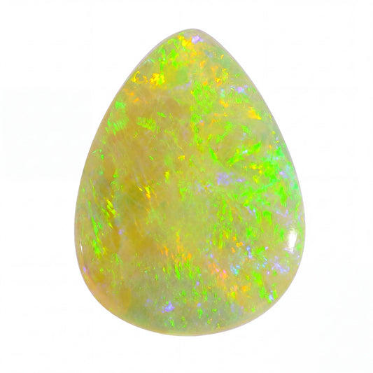 Teardrop-shaped opal stone with green and yellow fluorescence on a white background