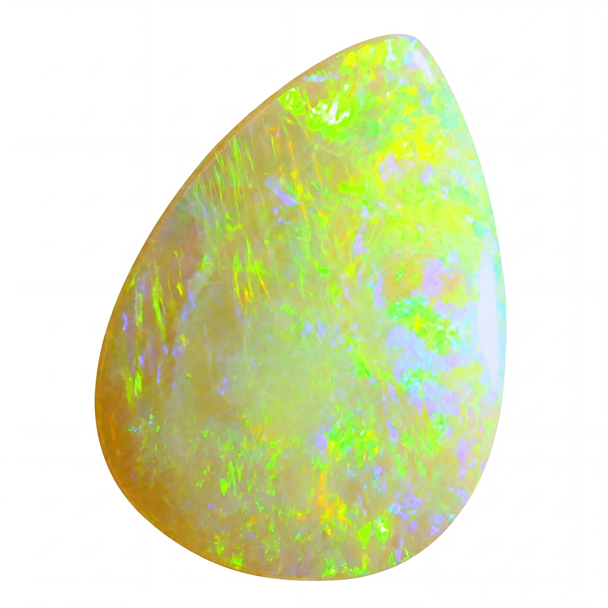 Teardrop-shaped opal stone with vibrant green and yellow colours on a white background