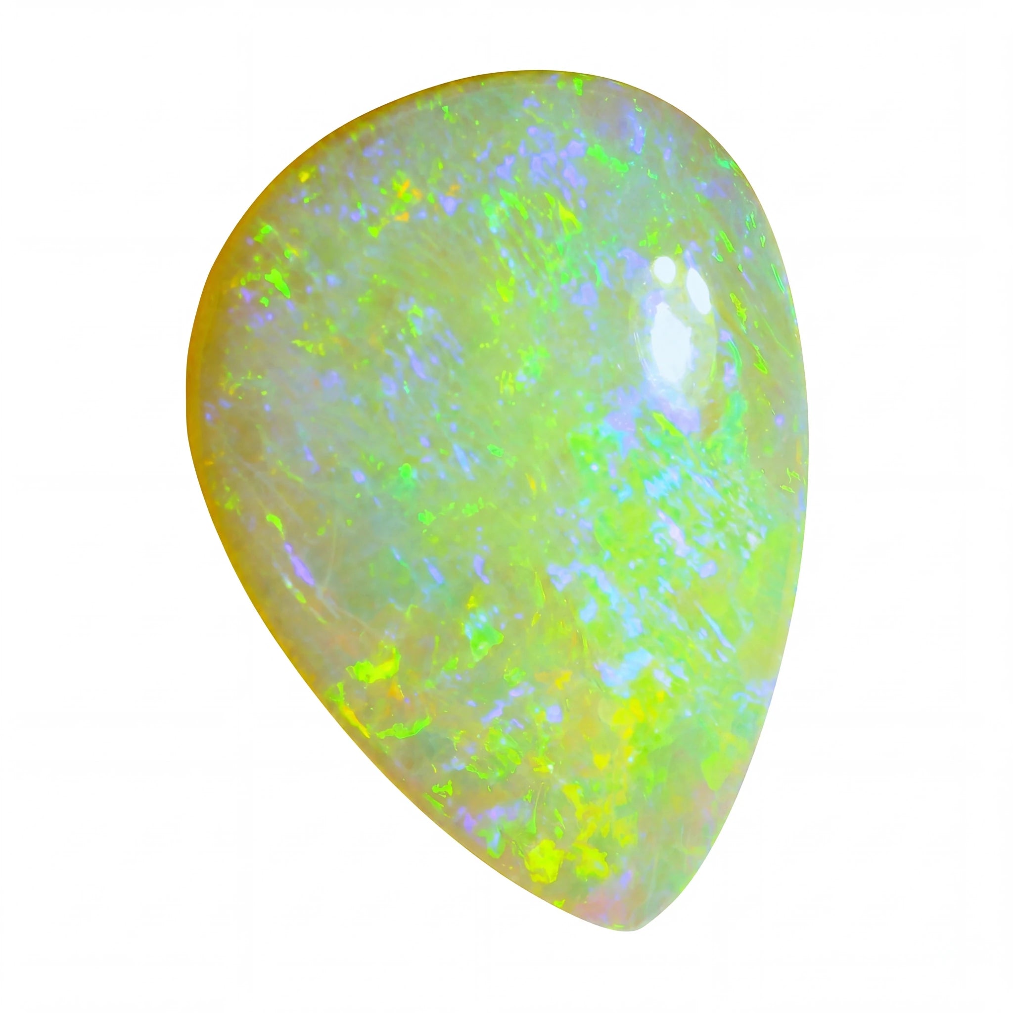 Opal stone with multicoloured play of light on a white background