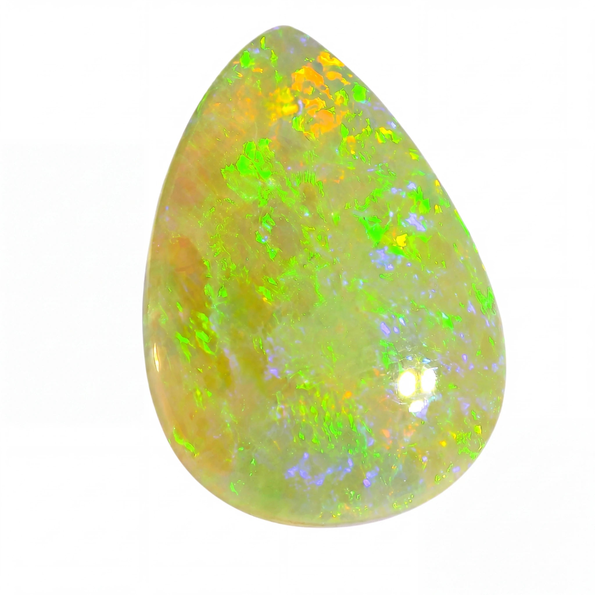 Teardrop-shaped opal stone with green and yellow fluorescence on a white background