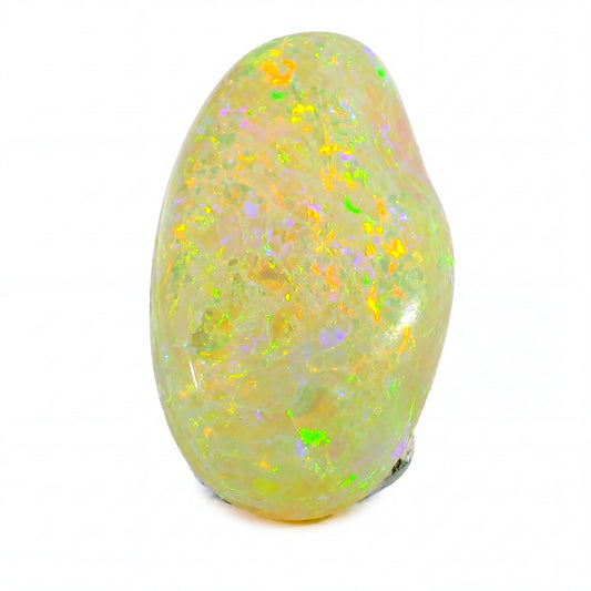 Opal stone with colourful speckles on a white background