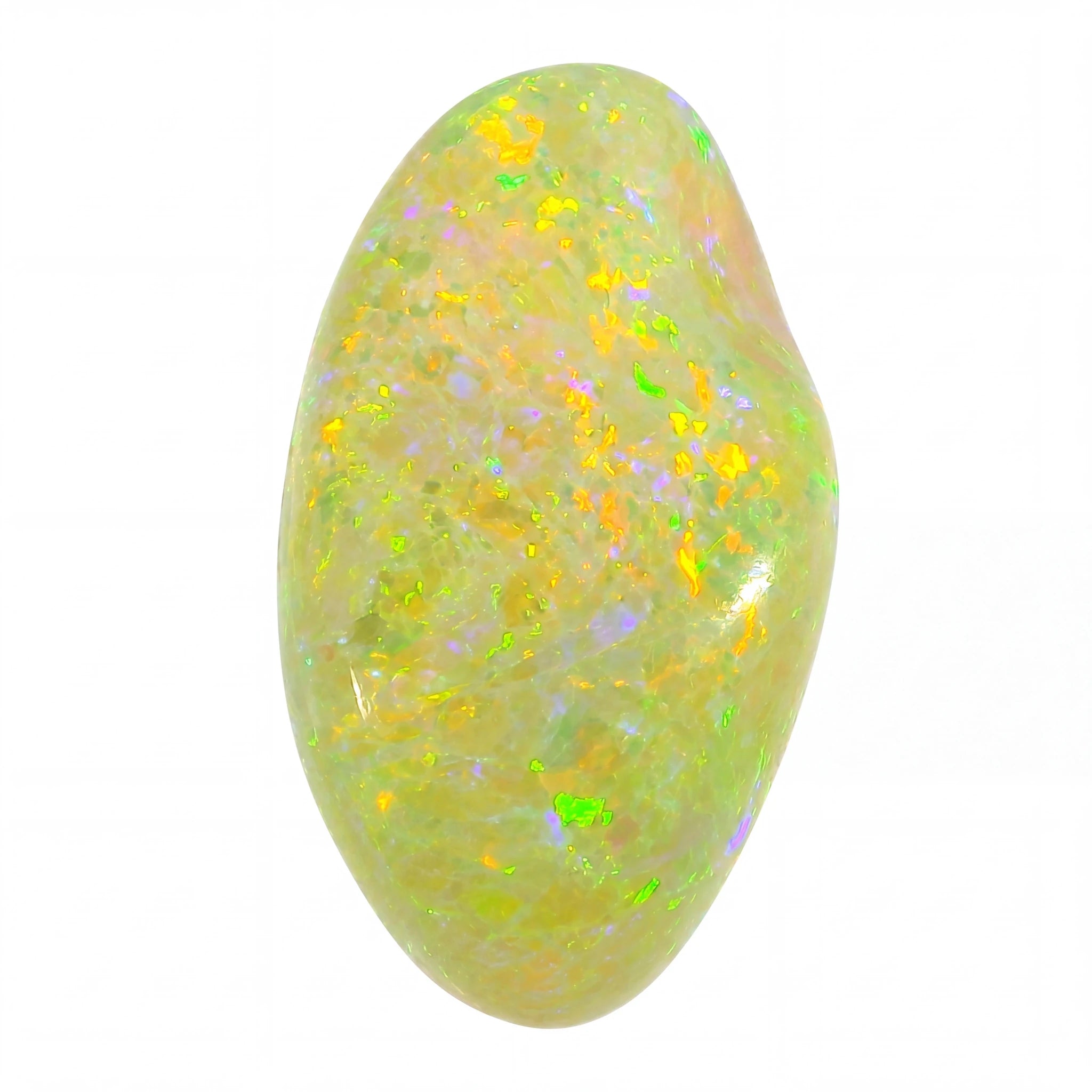 Opal stone with multicoloured speckles on a white background
