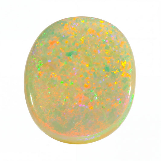 Opal stone with multicoloured speckles on a white background