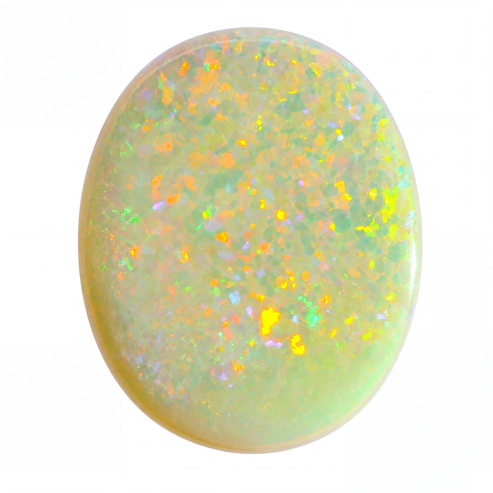 Polished opal stone with multicoloured speckles on a white background