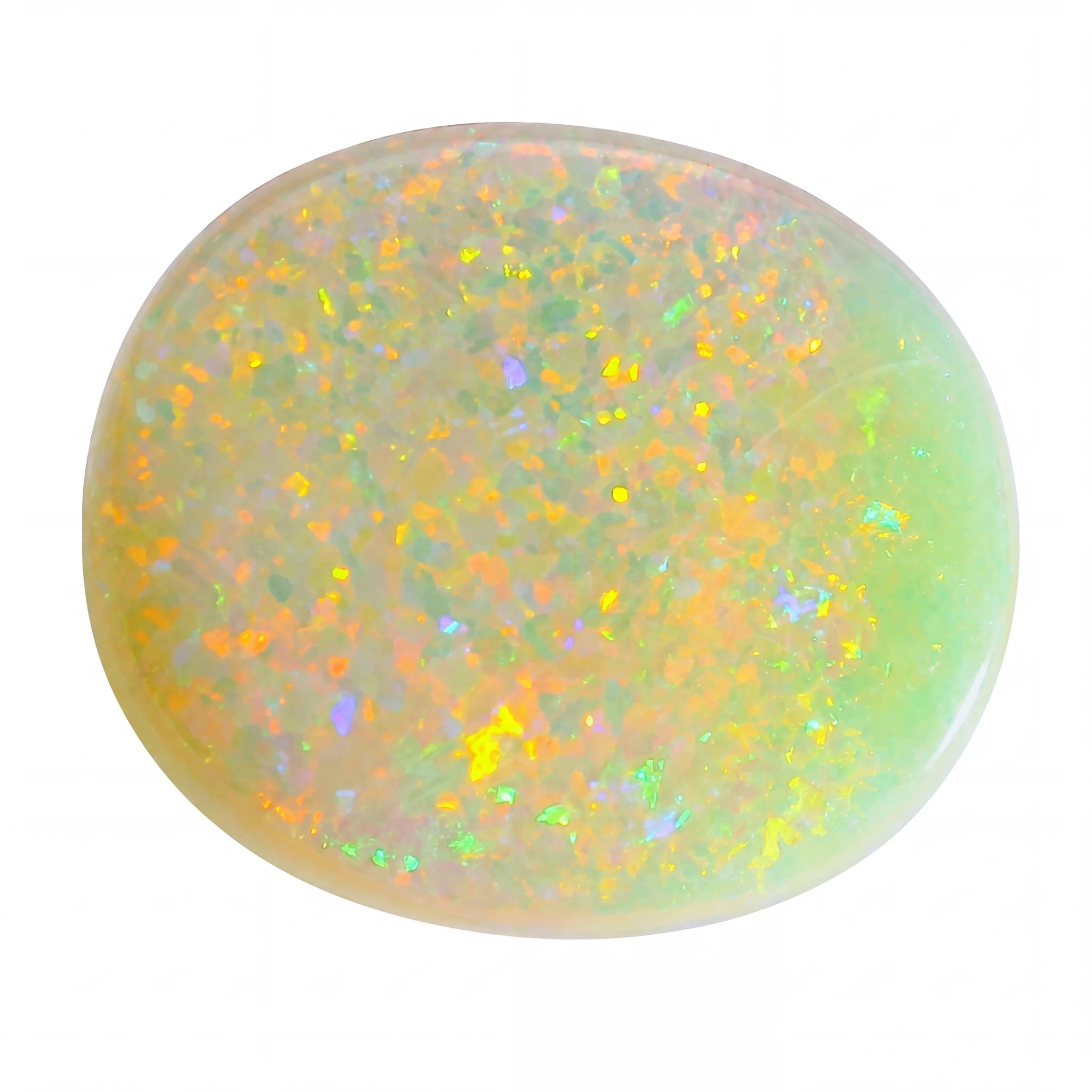 Opal stone with multicoloured speckles on a white background