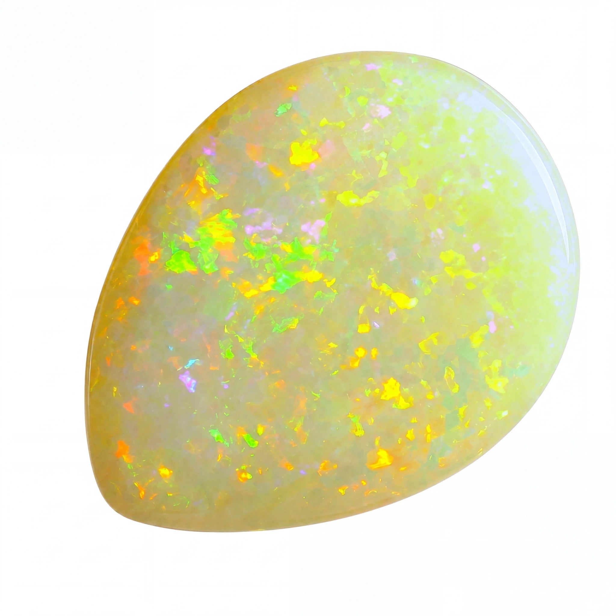 Opal stone with colourful speckles on a white background