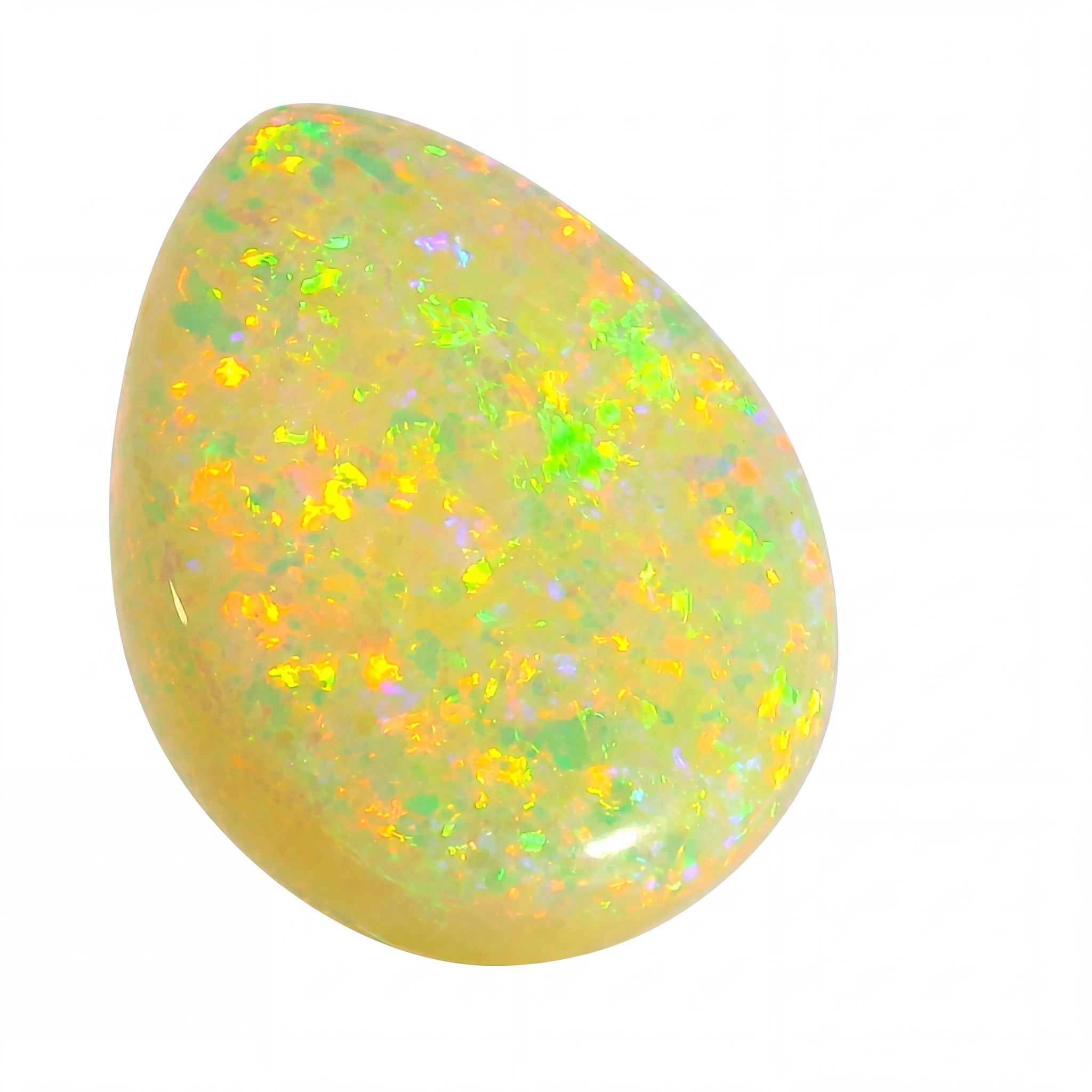 Opal stone with multicoloured play of light on a white background