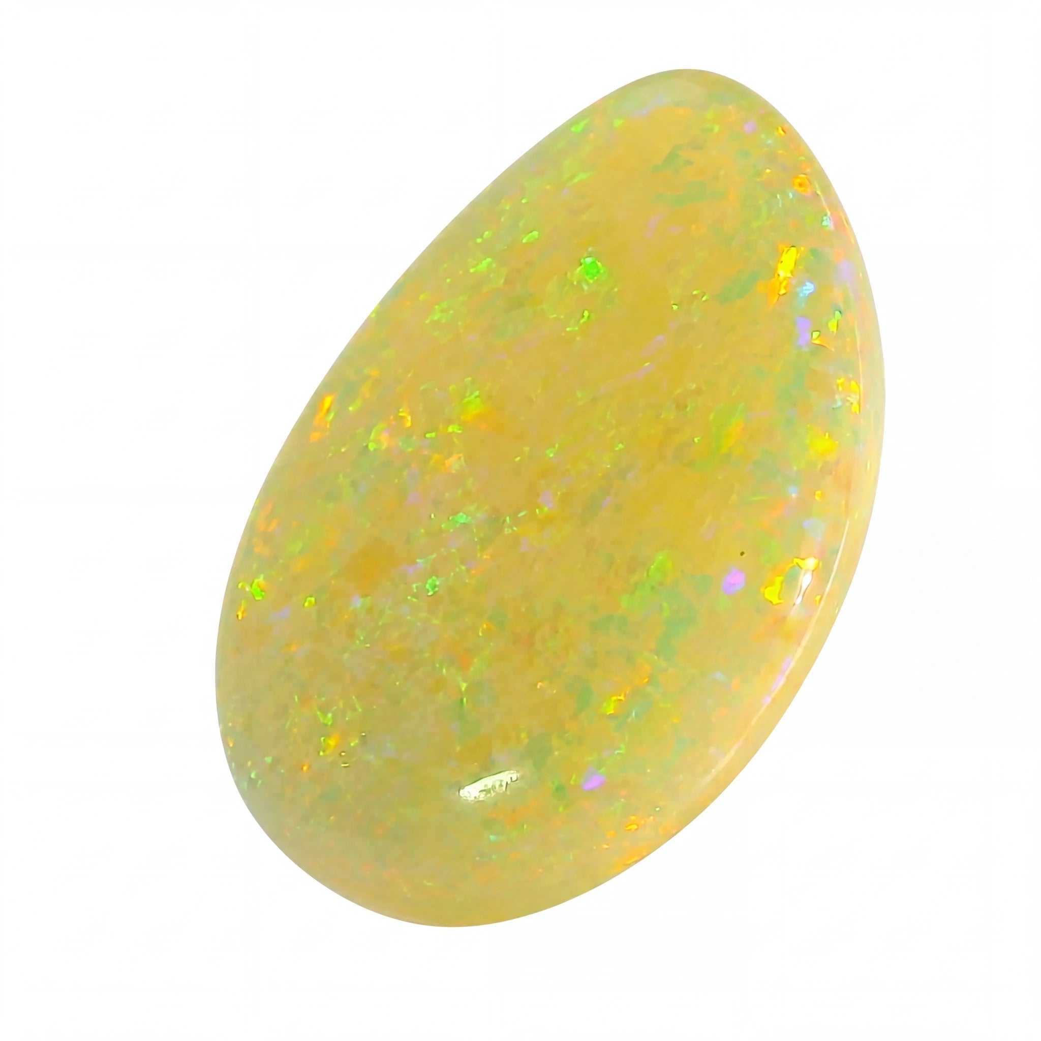Opal stone with multicoloured flashes on a white background