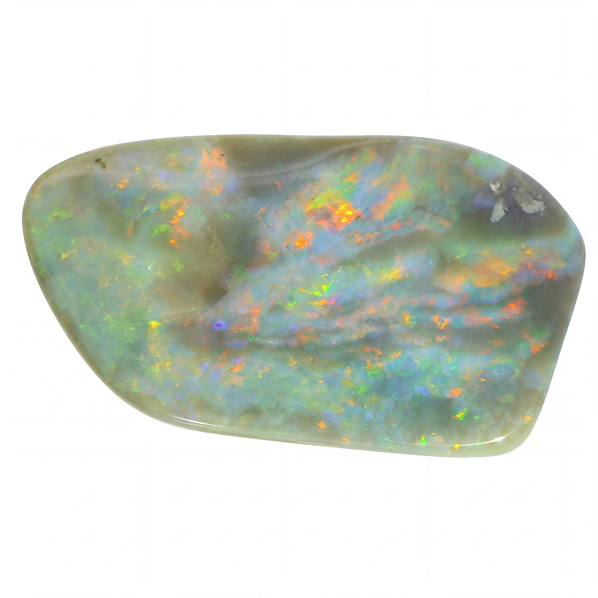 Opal stone with multicoloured patterns on a white background