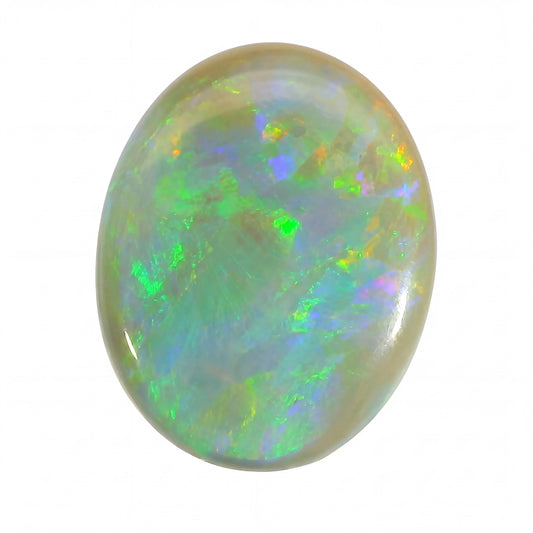 Opal stone with multicoloured play of colours on a white background