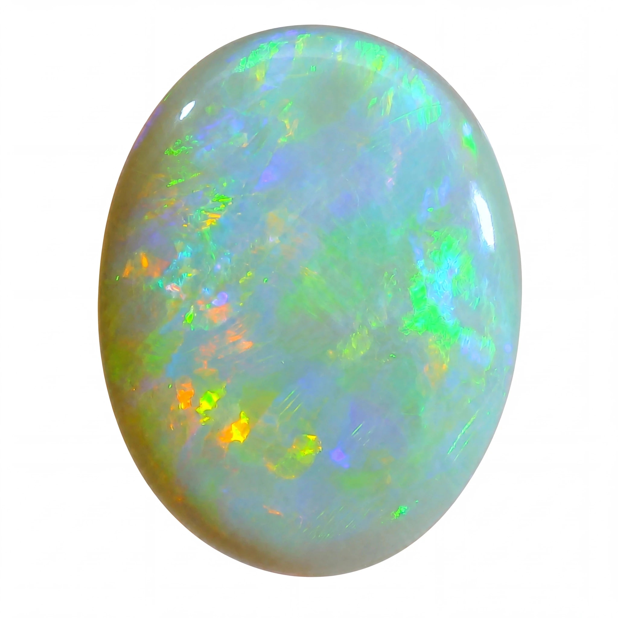Oval-shaped opal gemstone with multicolour play of light on a white background