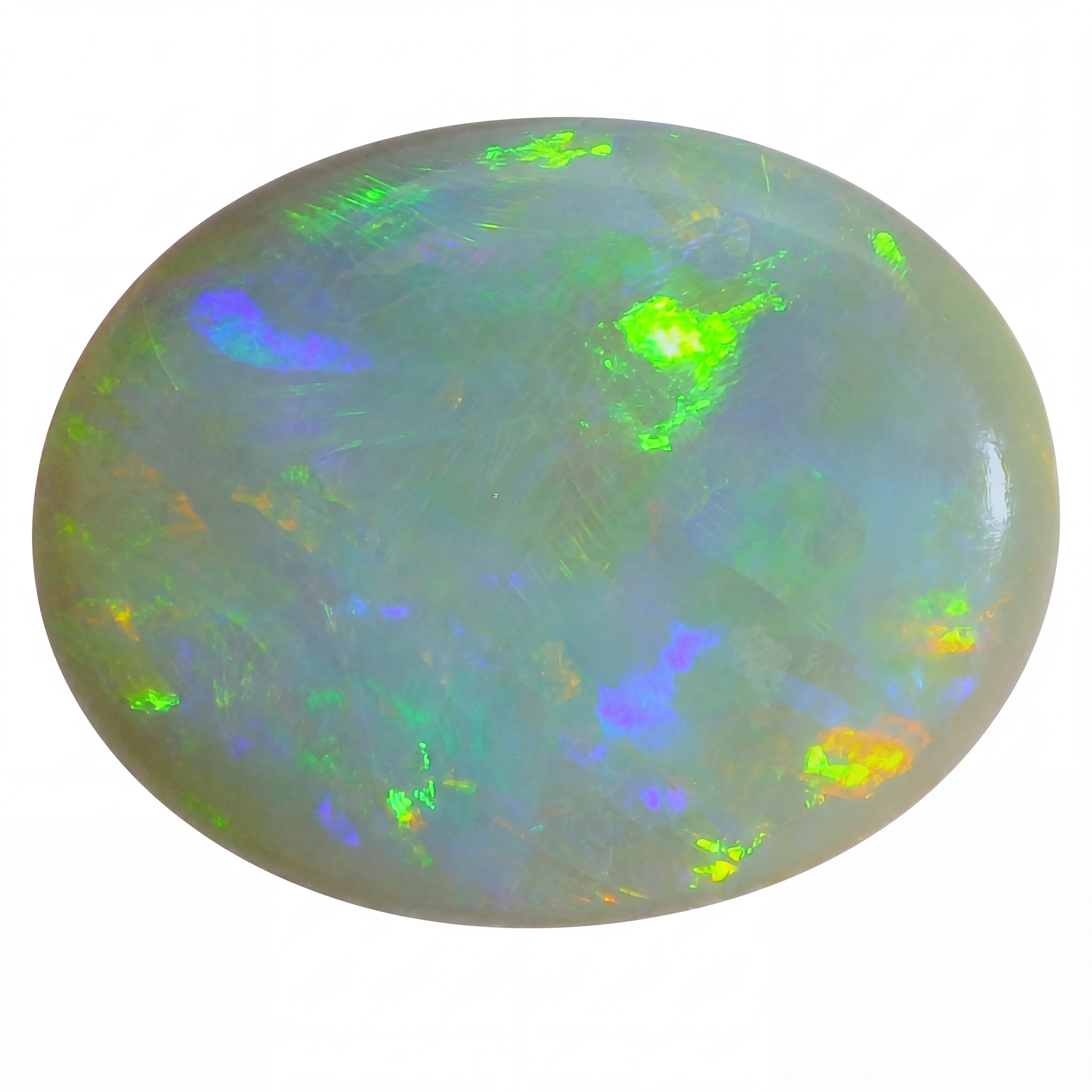 Opal stone with multicoloured fluorescence on a white background