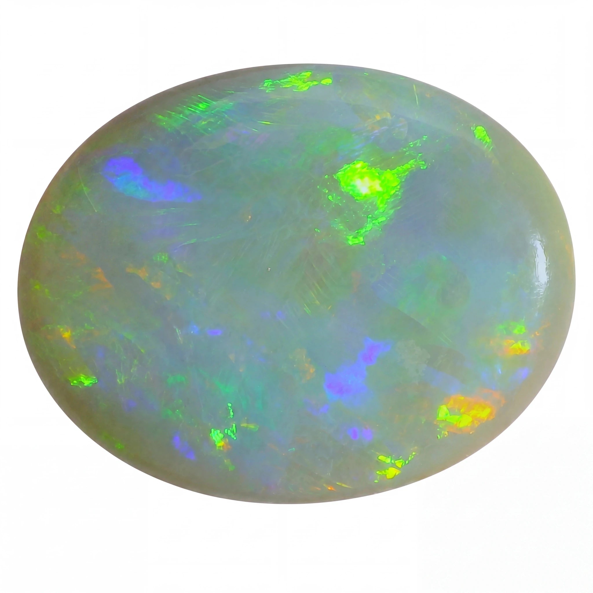 Opal stone with multicoloured fluorescence on a white background