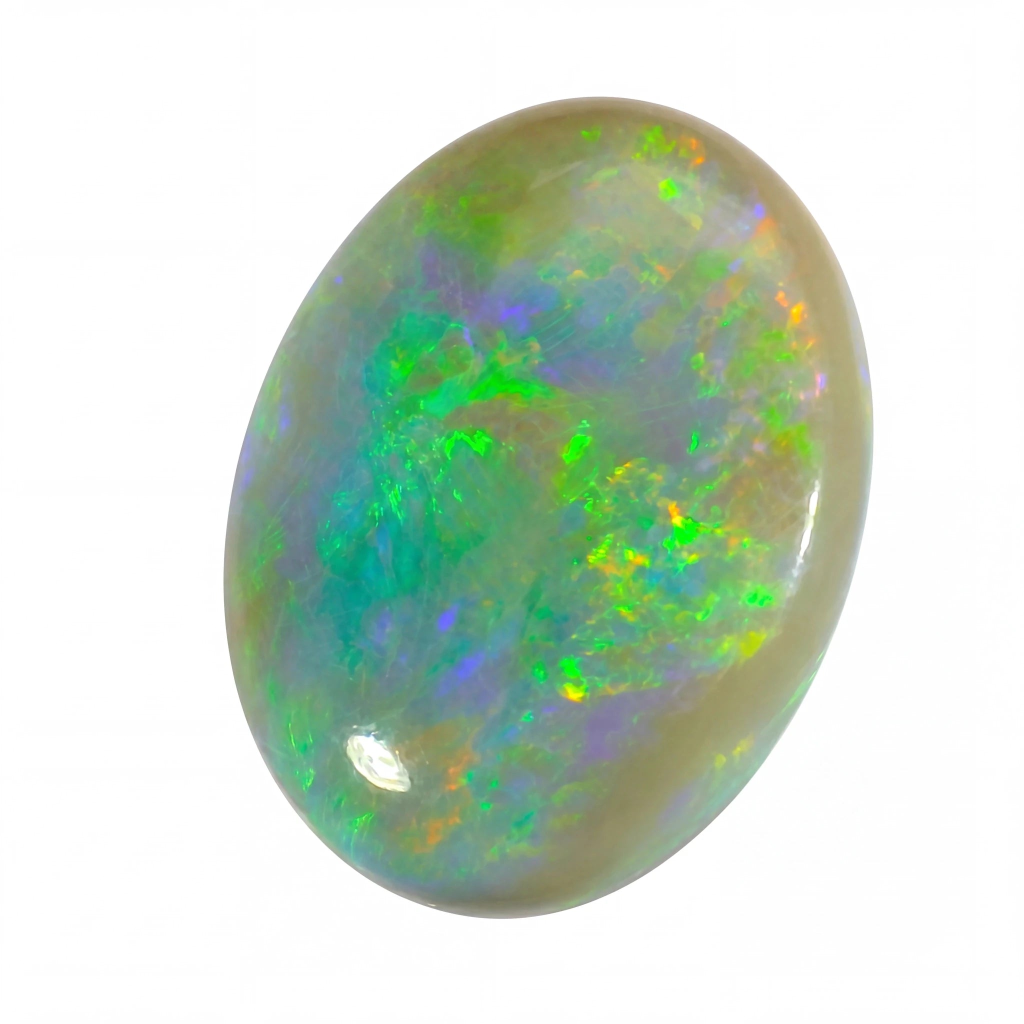 Oval-shaped opal stone with multicoloured play of light on a white background