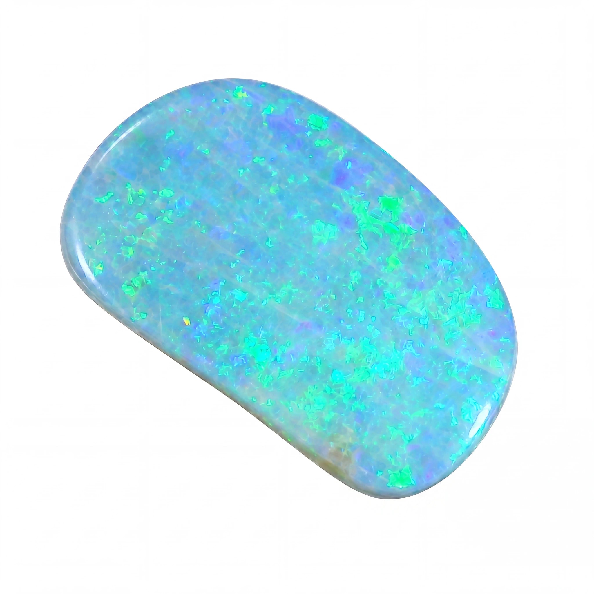 Opal stone with multicoloured fluorescence on a white background