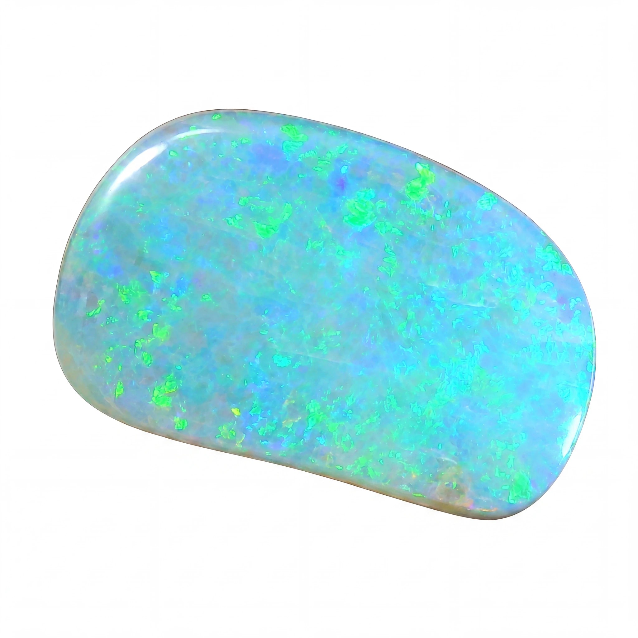 Opal stone with green and blue fluorescence on a white background