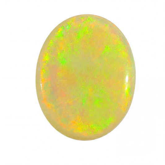 Oval-shaped opal stone with green and yellow fluorescence on a white background