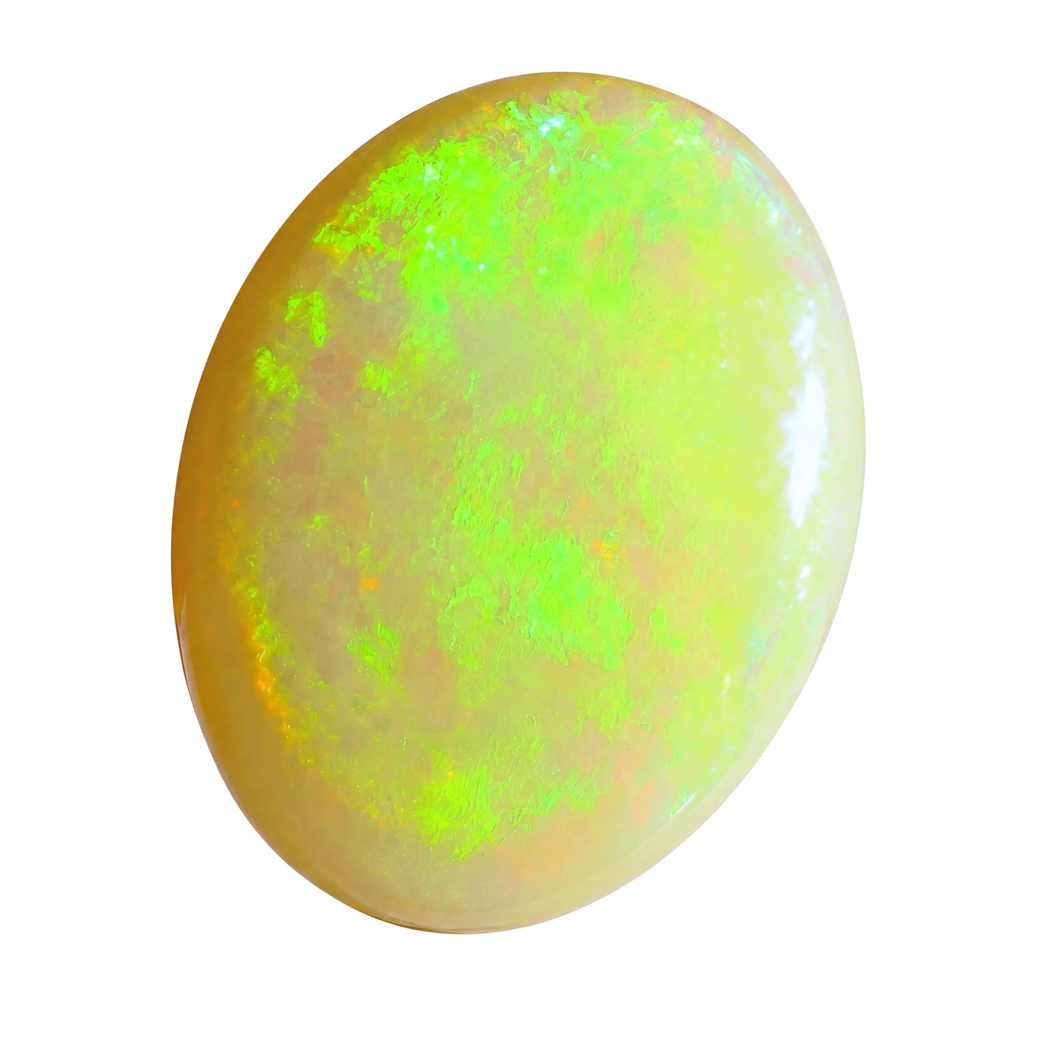 Opal stone with green and yellow fluorescence on a white background