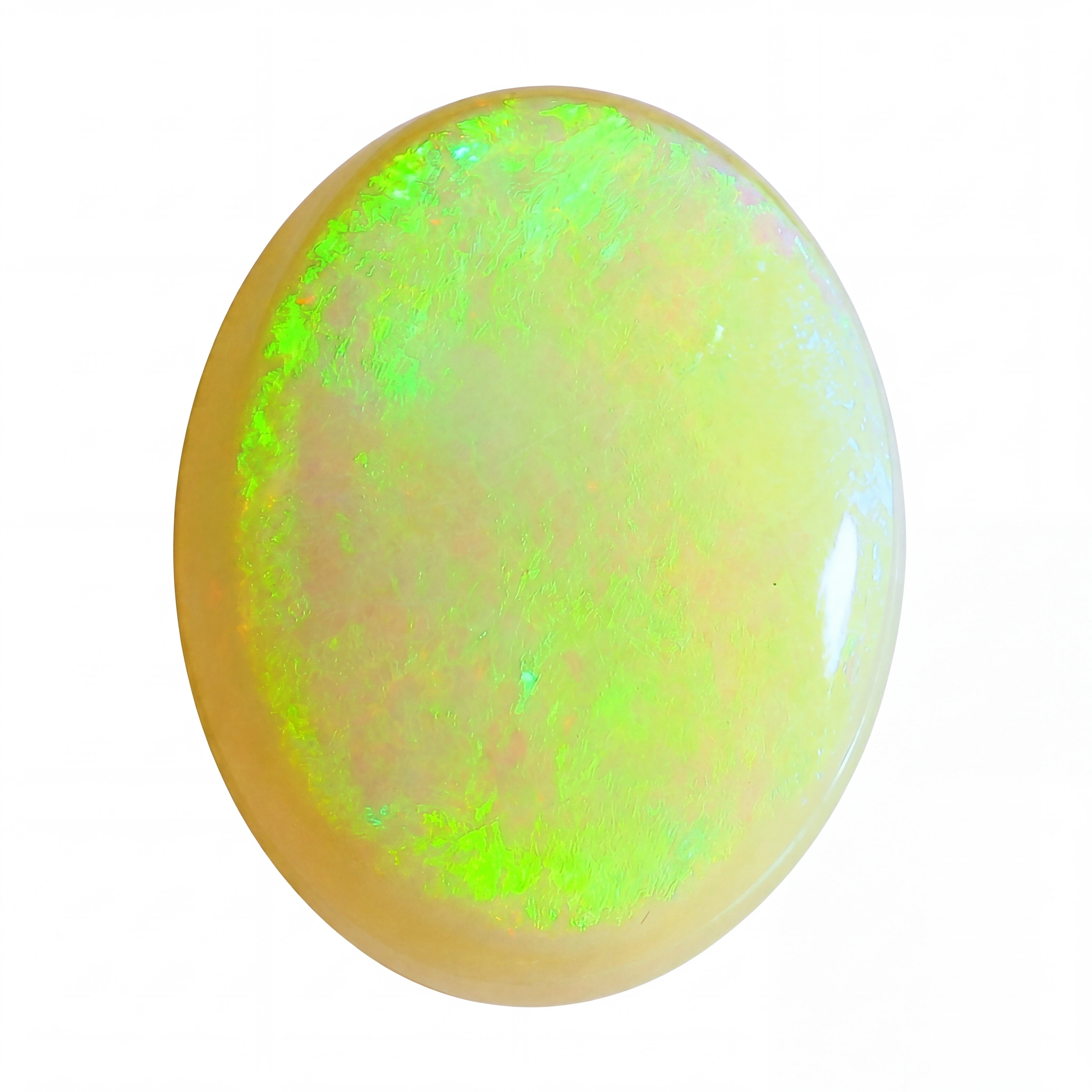 Opal stone with green and yellow hues on a white background