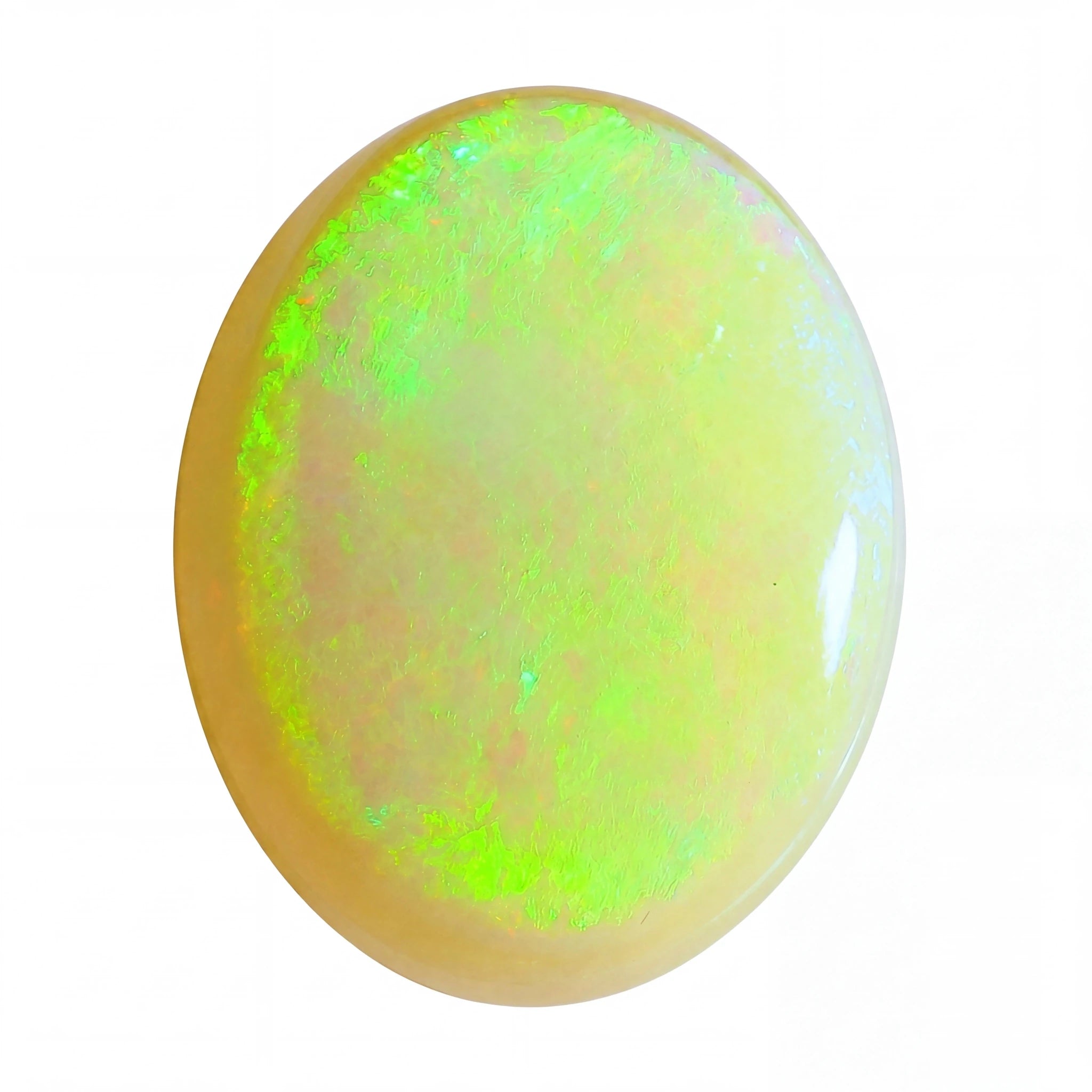 Oval-shaped opal gemstone with green and yellow hues on a white background