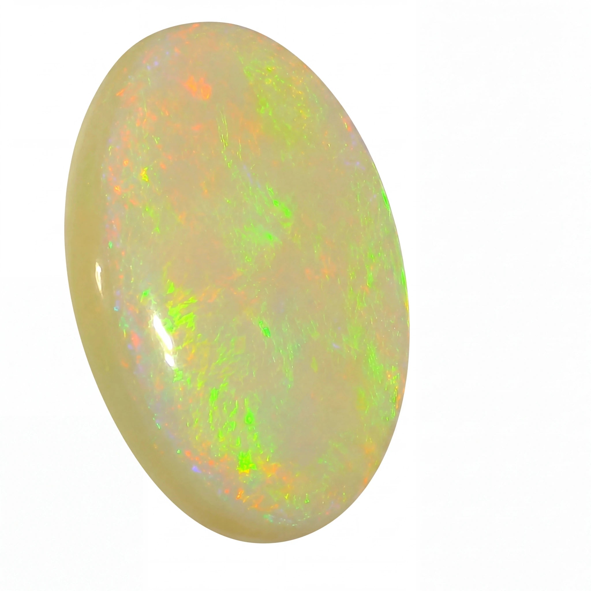 Oval-shaped opal gemstone with multicoloured play of colours on a white background