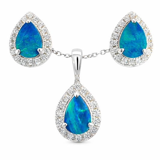 Doublet Opal Pendant and Earrings Combo Set in 925 Sterling Silver - Green and Blue - Australian Opal Cutters and Pearl Divers