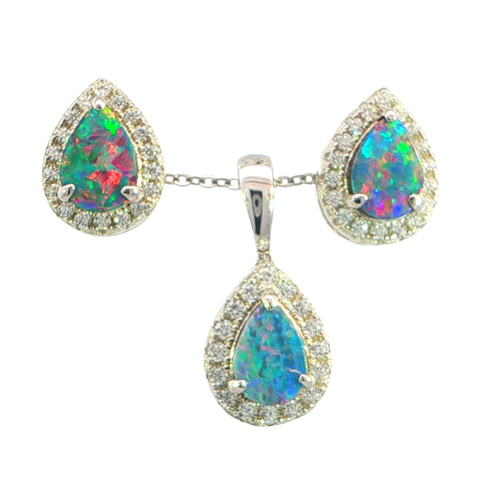 Doublet Opal Pendant and Earrings Combo Set in 925 Sterling Silver - Multicolour