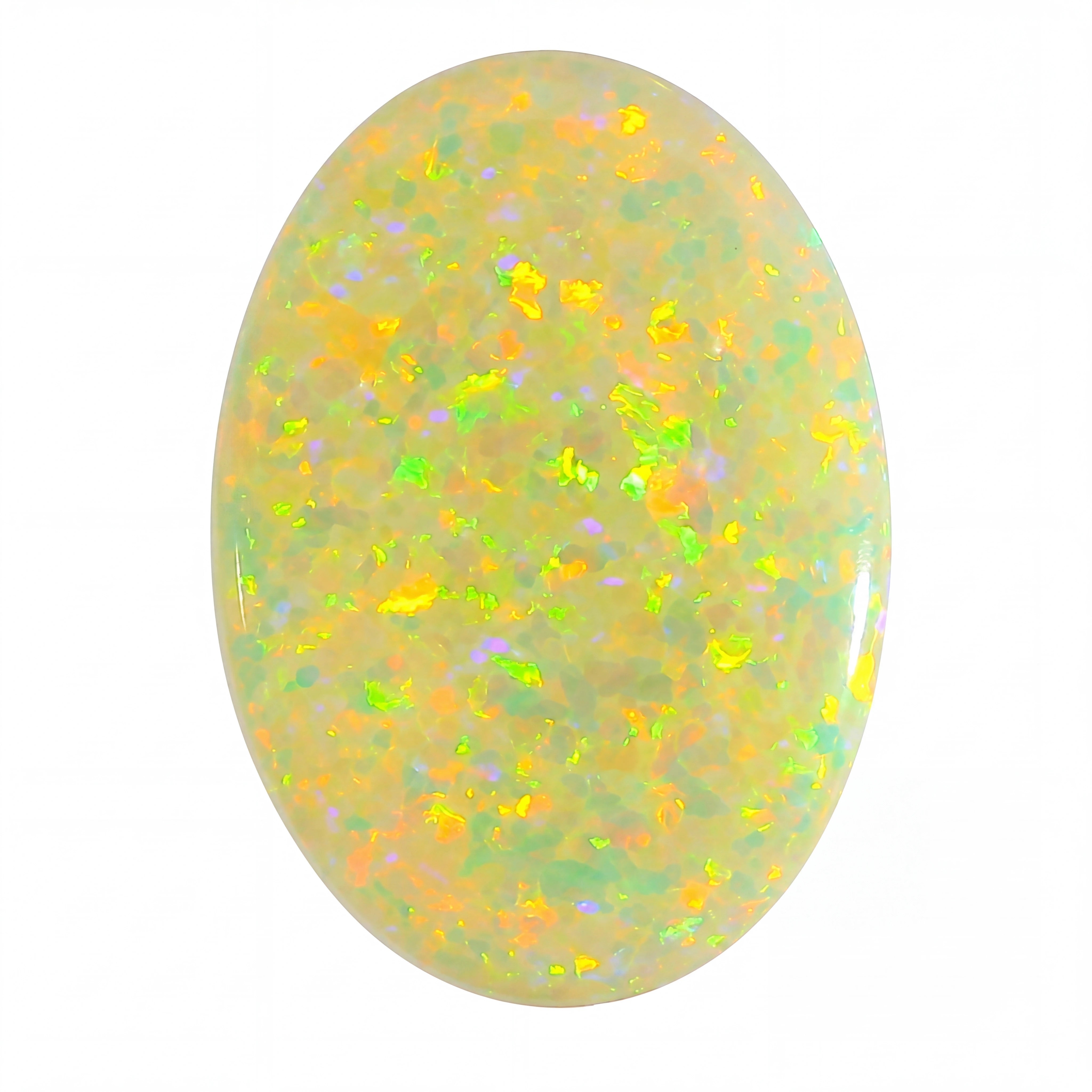 Oval-shaped opal gemstone with multicoloured speckles on a white background