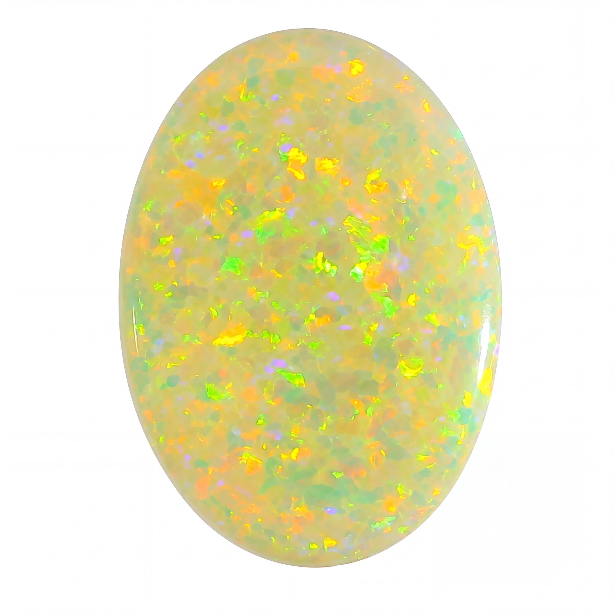 Oval-shaped opal stone with multicoloured speckles on a white background