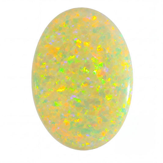 Oval-shaped opal stone with multicoloured speckles on a white background