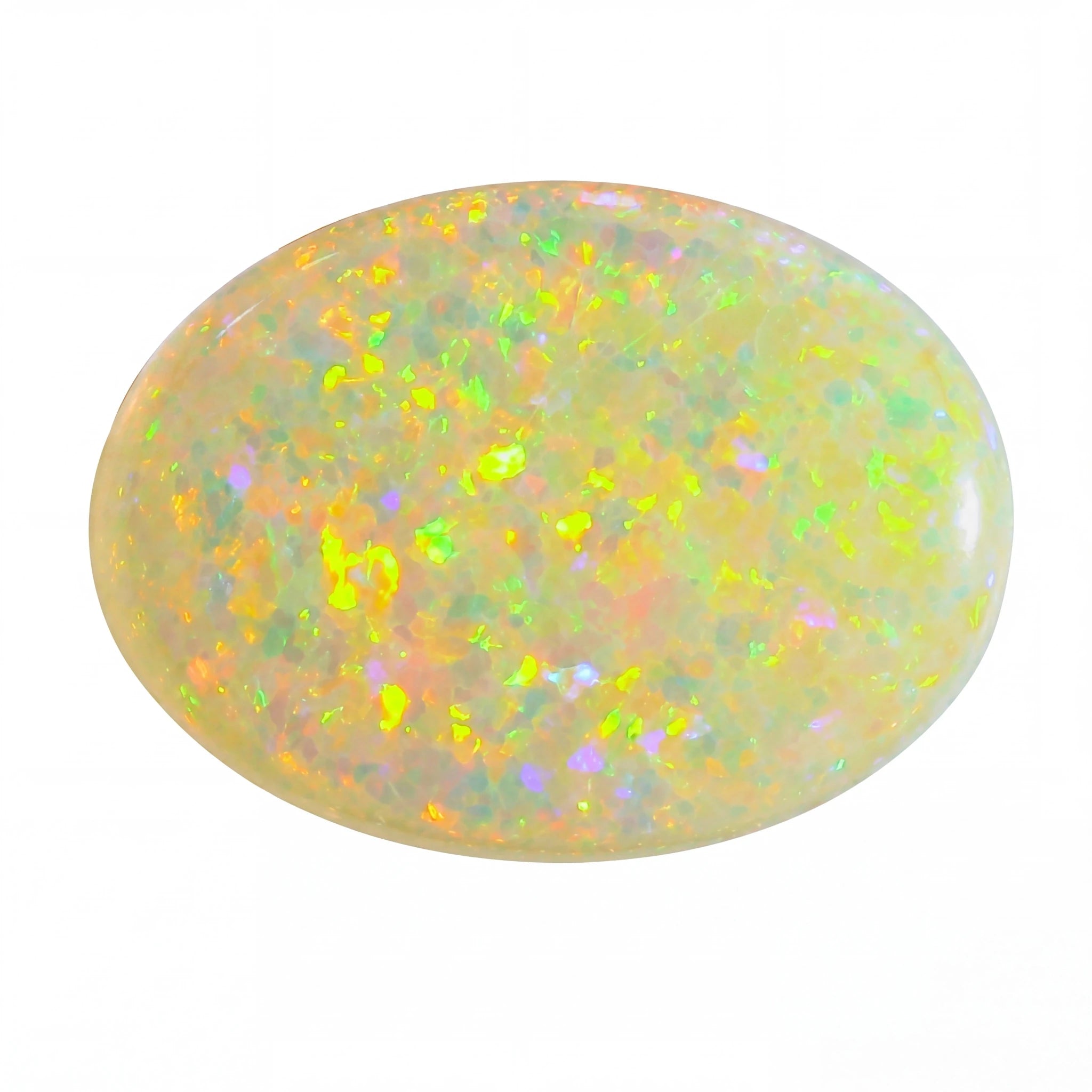 Polished opal stone with multicoloured speckles on a white background