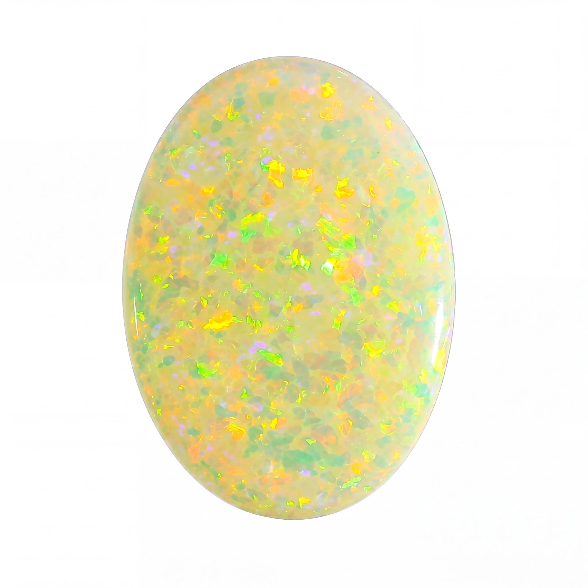 Opal stone with multicoloured flakies on a white background