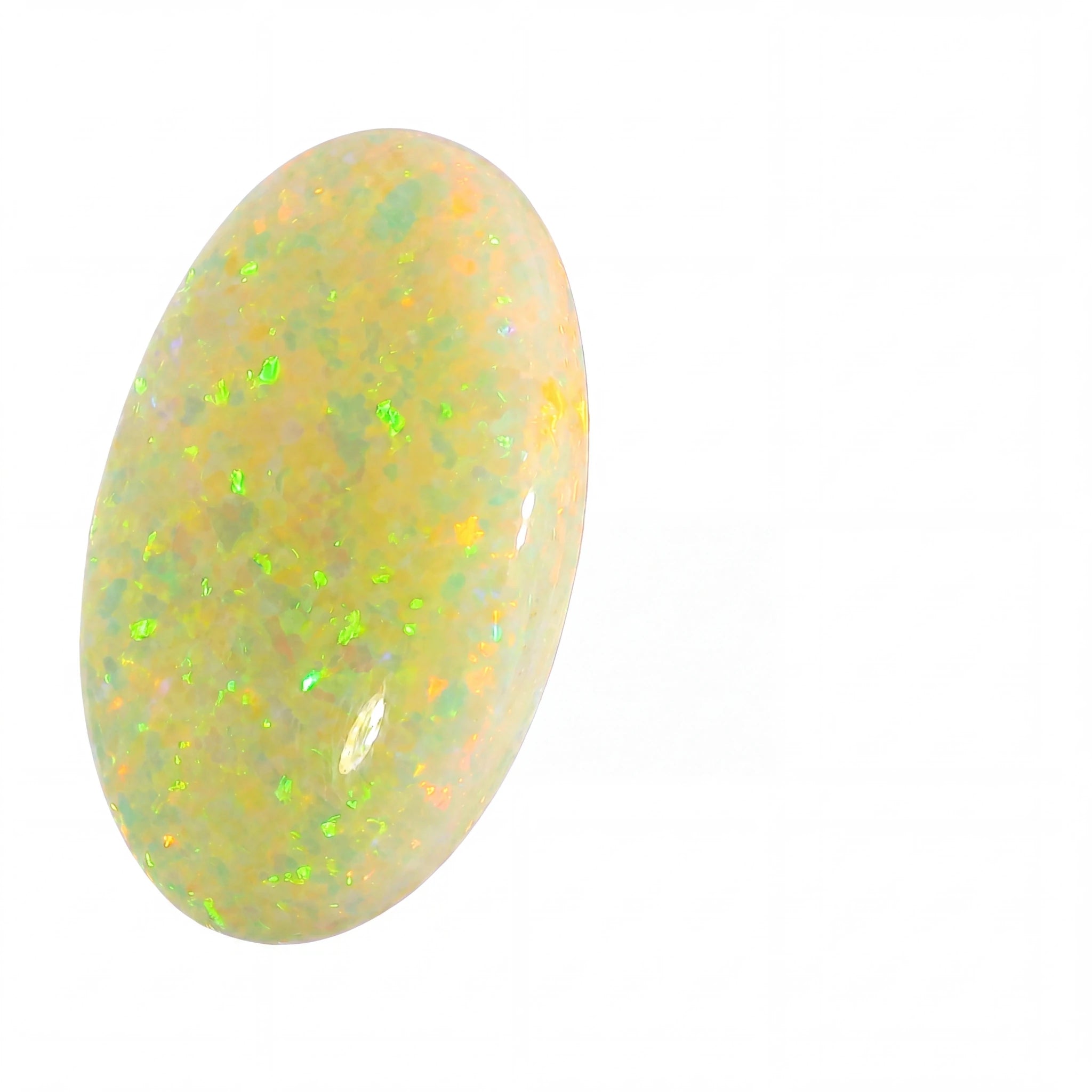 Opal stone with multicoloured play of colours on a white background
