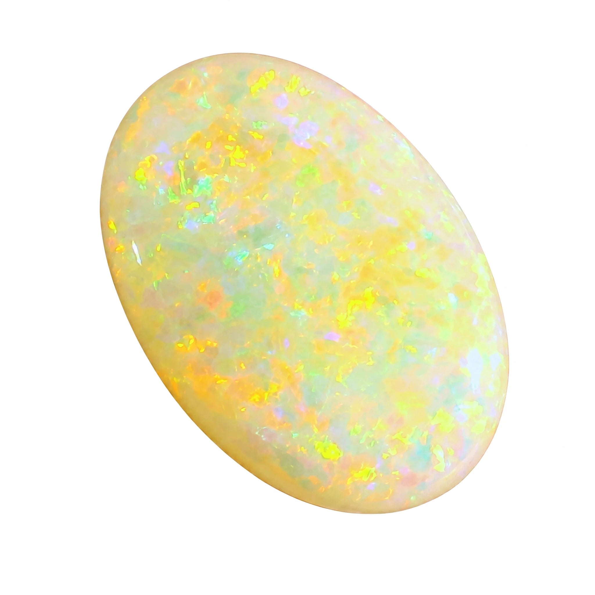 Opal stone with multicoloured play of light on a white background