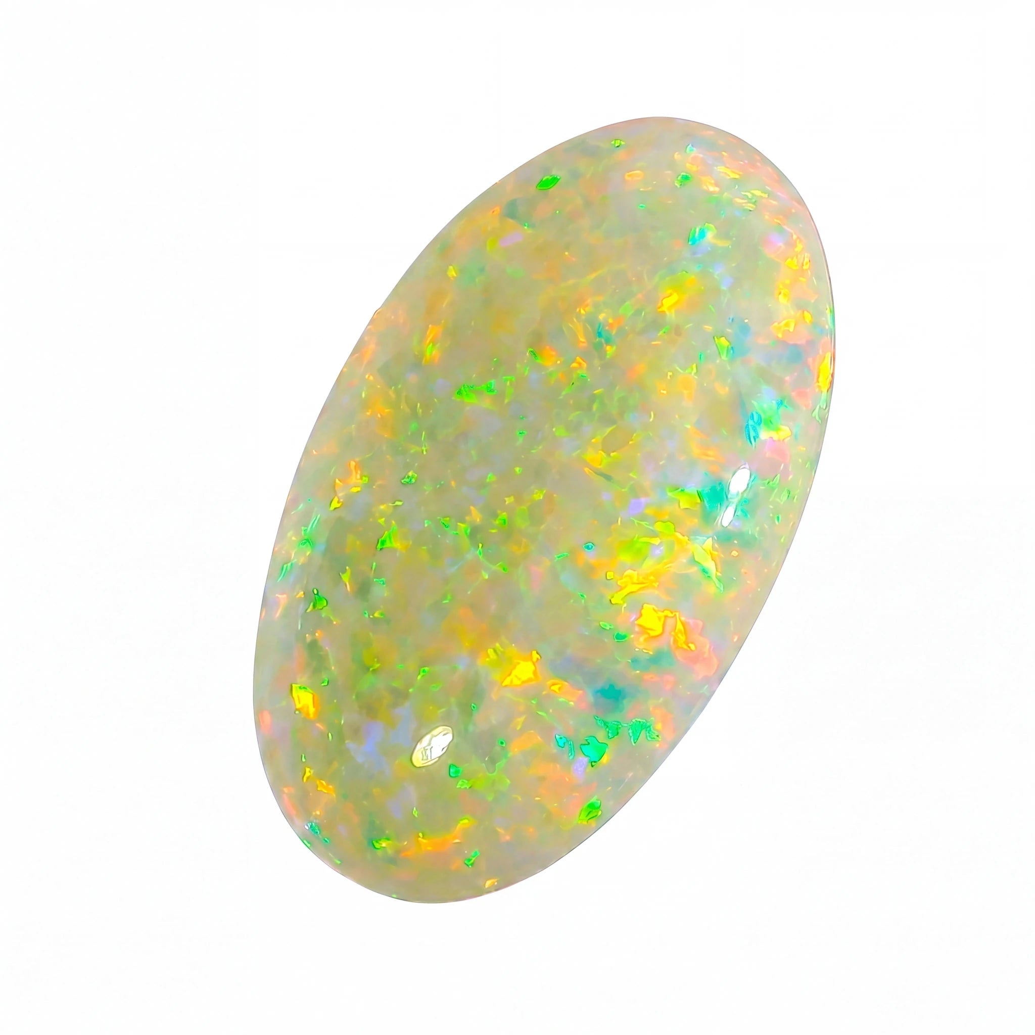Opal stone with multicoloured speckles on a white background