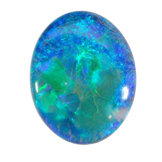 Oval-shaped opal gemstone with vibrant blue and green colours on a white background