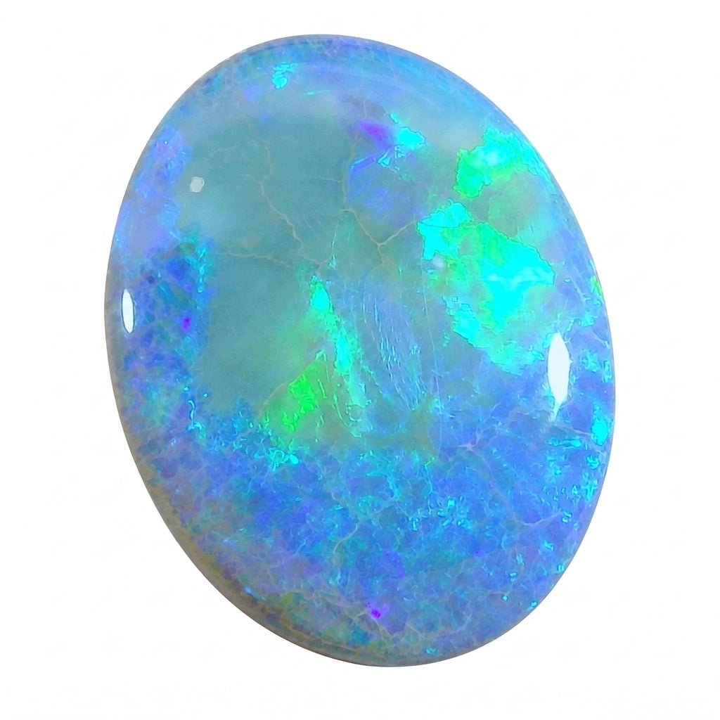 Oval-shaped opal gemstone with vibrant colours on a white background