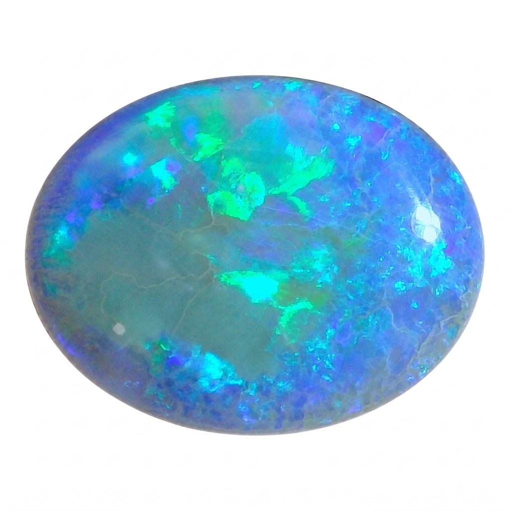 Oval-shaped opal stone with vibrant blue and green colours on a white background