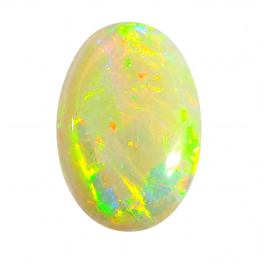 Opal stone with multicoloured play of light on a white background