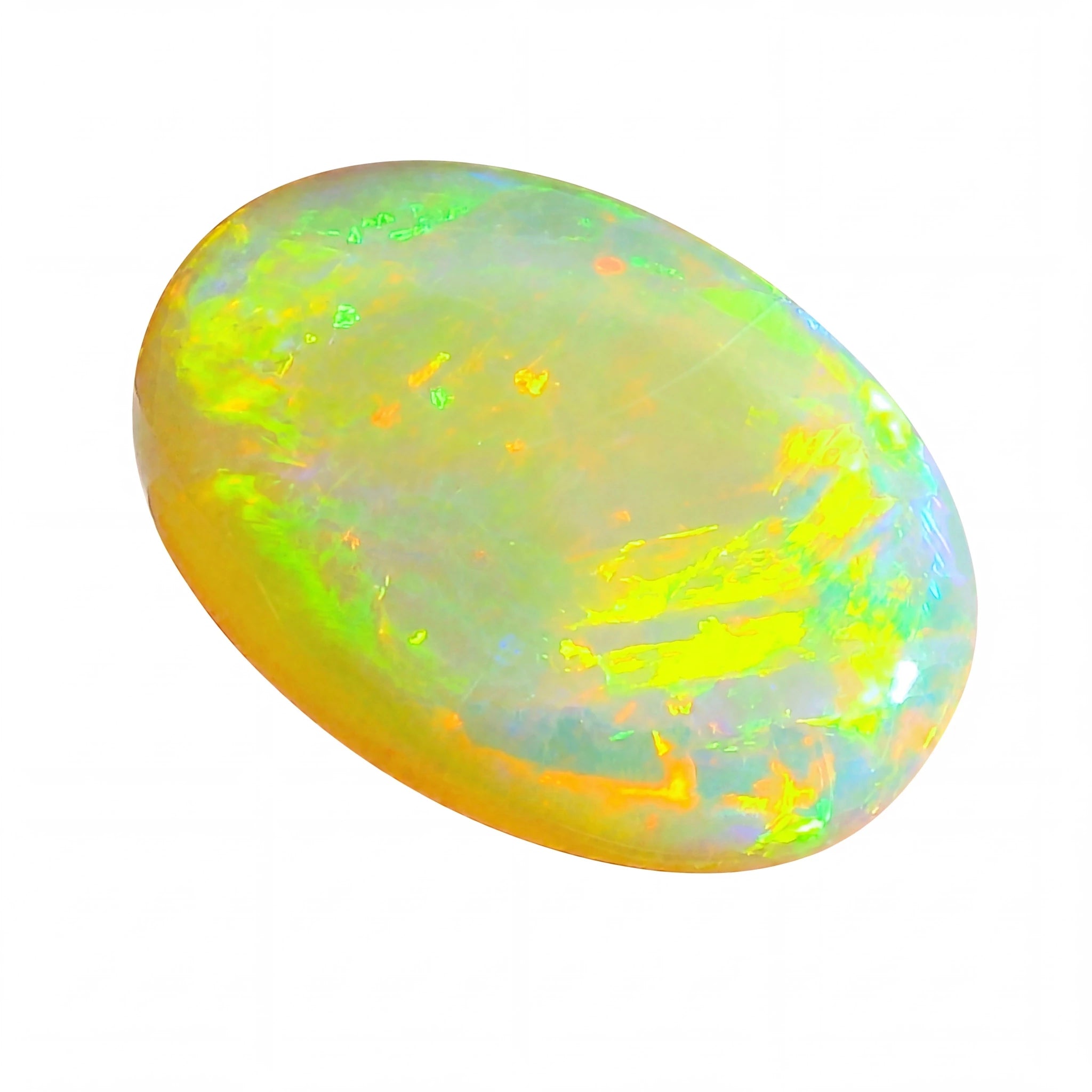 Opal gemstone with multicoloured play of light on a white background