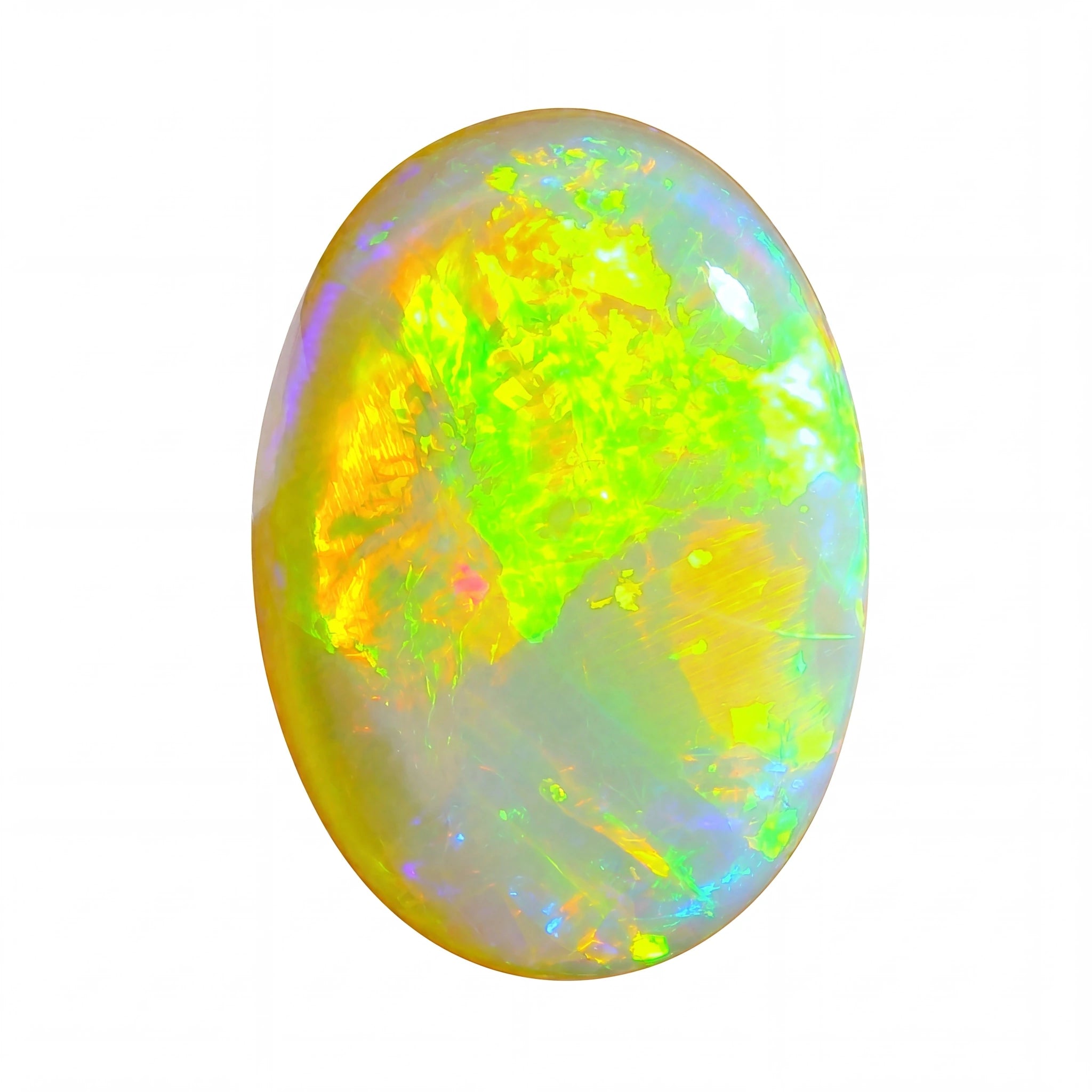 Oval-shaped opal gemstone with vibrant colours on a white background